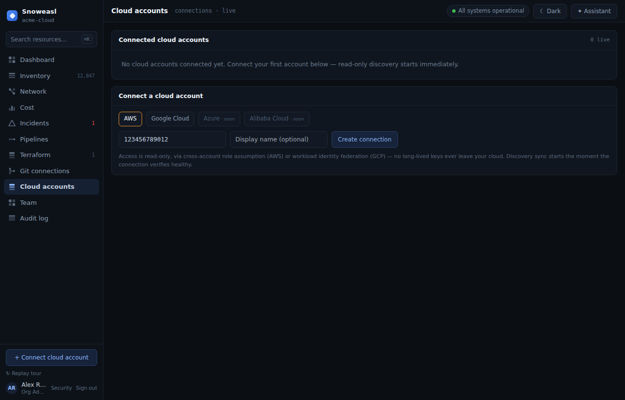 The Cloud accounts screen with the provider picker and the AWS account-id field