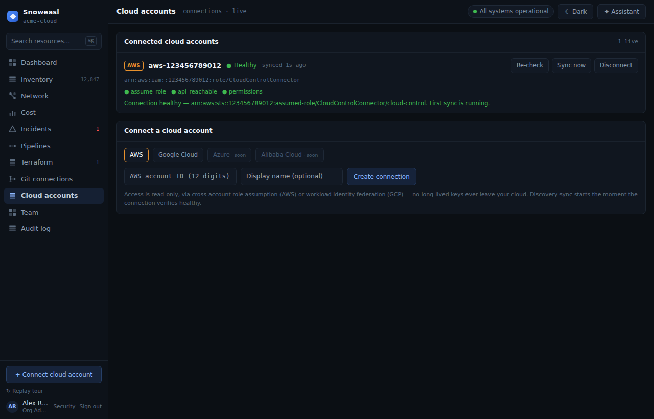 A connected AWS account showing a healthy status pill and its health checks