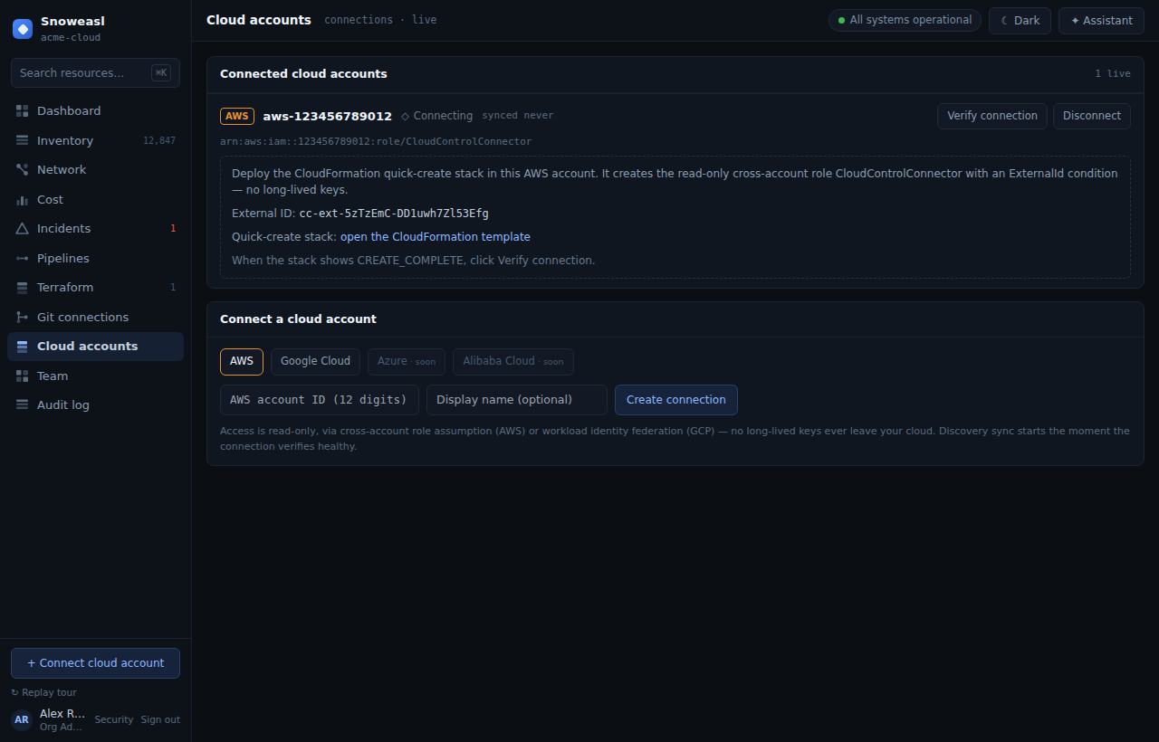 The CloudFormation quick-create instructions with the ExternalId shown once