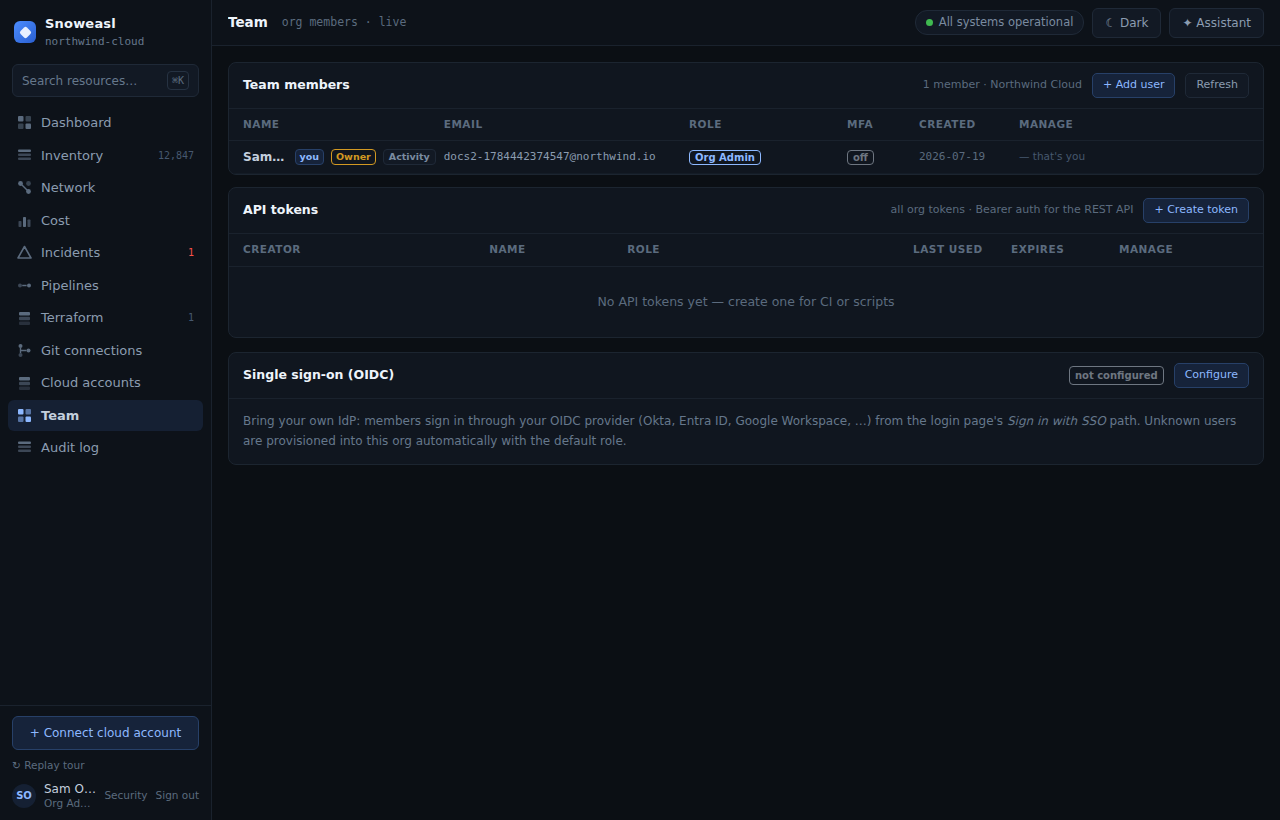 The org-admin single sign-on configuration card on the Team page