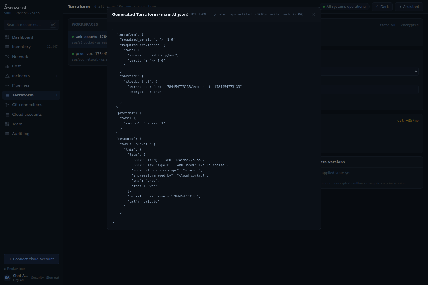 The View generated Terraform modal showing the composed HCL-JSON main.tf.json for an S3 bucket blueprint
