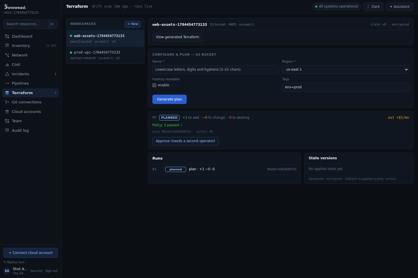 The Terraform screen: a workspace with a planned run showing the diff, policy pass, cost estimate and the approve control