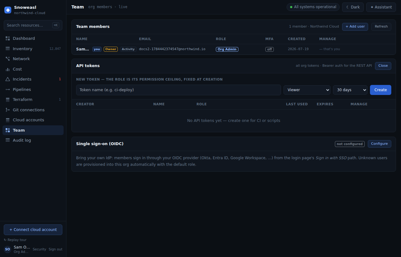 Creating an API token on the Team page, showing the one-time cc_pat secret